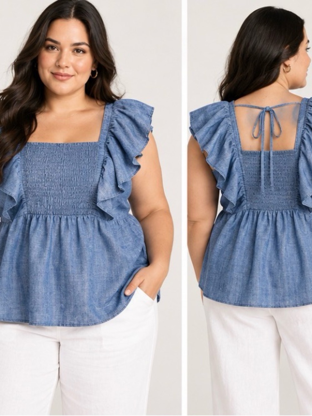 Smocked Square-Neck Chambray Ruffle Top - Blue